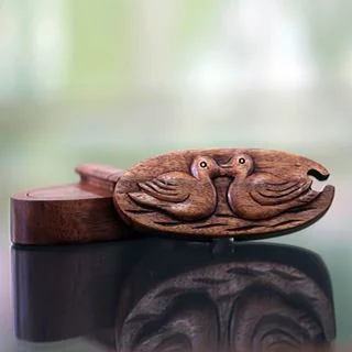 Handcrafted Suar Wood 'Duckling Romance' Puzzle Box (Indonesia)