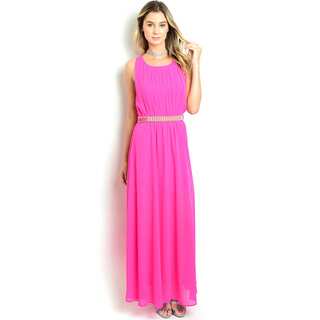 Shop The Trends Women's Orange, Pink Polyester Sleeveless With Embellished Waist Maxi Dress
