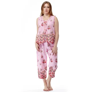 La Cera Women's Pink Cotton Sleeveless Top Floral Printed Pleated Pajama Set