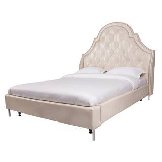 Iconic Home Napoleon Cream White Bonded Leather Button-tufted Silver Nailhead Trim Bed Frame