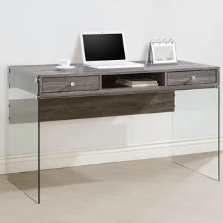 Contemporary Modern Style Glass Home Office Weathered Grey Computer/ Writing Desk with Drawers