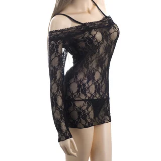 Zodaca Women's Plus Size Lingerie Black Long Sleeved Lace Dress Underwear Sleepwear with Matchy G-String