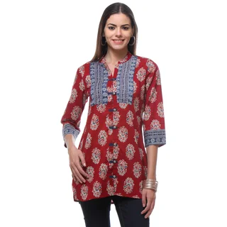 In-Sattva Women's Indian Blue/Red Cotton Button Down Printed Tunic Shirt