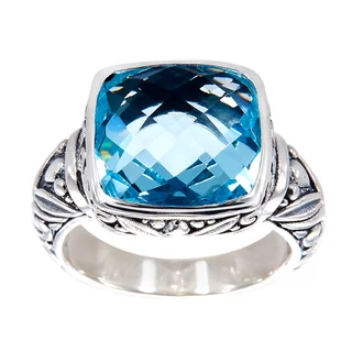 Handcrafted Sterling Silver Square Blue Topaz Bali Ring (Indonesia)