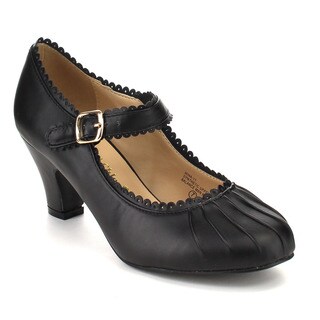 Beston CC03 Women's Black Faux Leather Ruched Round Toe Mary Jane Pumps