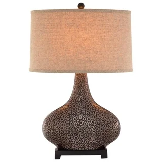 Catalina Turner 19089-001 3-Way 28-Inch Embossed Cer Table Lamp w Bronze/ Gold Finish, Textured Linen Drum Shade, Bulb Included