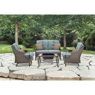 Hanover Ventura Ocean Blue Aluminum and Wicker 4-piece Outdoor Set with Fire Pit
