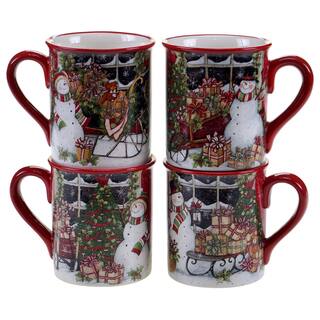 Certified International Snowman's Sleigh 16-ounce Mugs With Assorted Designs (Pack of Four)