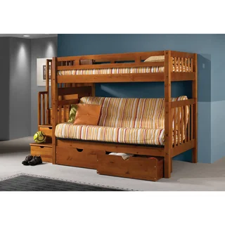 Donco Kids Tall Twin Over Futon Mission Stairway Honey Bunk Bed With Storage Drawers