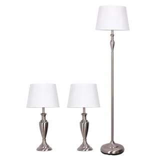 Catalina Lighting 18078-001 Brushed Nickel Metal 3-piece Lamp Set with White Modified Drum Shades
