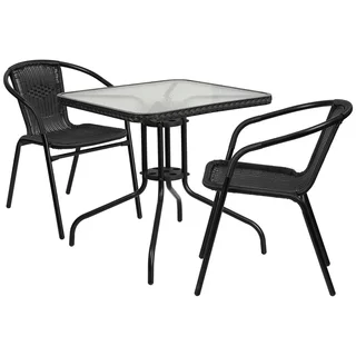 Square Glass and Metal 28-inch Table With Rattan Edging and 2 Stack Chairs
