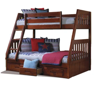 Merlot Pine Wood Twin-over-Full Bunk Bed with Drawers and Matching Entertainment Dresser