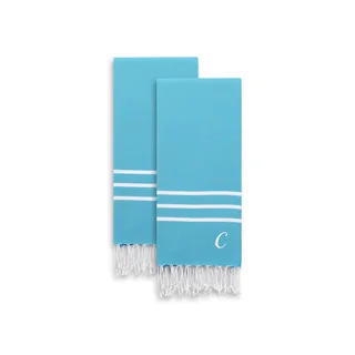 Authentic Ella Turquoise Blue Monogrammed Pestemal Fouta Turkish Cotton Hand/Kitchen Towel (Set of 2)
