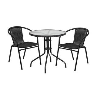 Offex Round Rattan, Glass, and Metal 3-piece Dining set