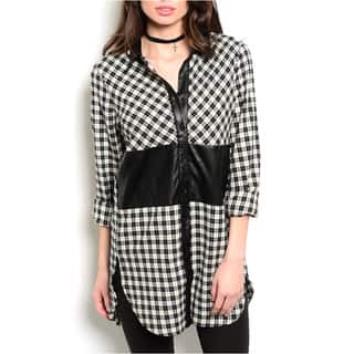 JED Women's Long Length Plaid Shirt with Faux Leather Detailing