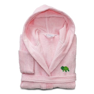 Sweet Kids Set of 3 Pink Turkish Cotton Hooded Terry Bathrobe with Embroidered Green Turtle and 2 White Hand Towels