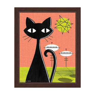 'Space Colony Cat' Retro Red and Yellow Framed Graphic Wall Art