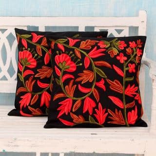 Set of 2 Handmade Cotton 'Poppies at Midnight' Cushion Covers (India)