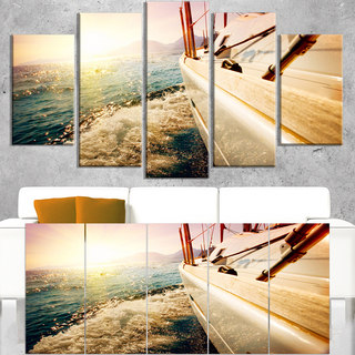 Huge Yacht Sailing Against Sunset - Sea Pier Wall Art Canvas Print