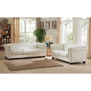 Nashville White Genuine Leather Chesterfield Sofa and Loveseat Set