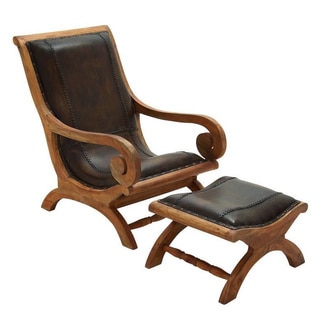 Brown Mahogany and Leather Chair and Ottoman Set
