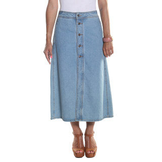 Hadari Women's Ankle Length Button Down Open Center Slit Maxi Denim Skirt with side pockets