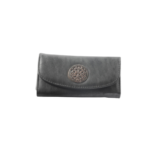 Hadari Women's Round Gold Monogram Button Clip Black Wallet with 16 Pockets