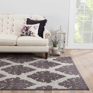 Contemporary Damask Pattern Grey Rayon Chenille Area Rug (9x12)