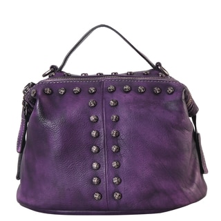 Diophy Genuine Leather Floral Studded Decor Medium Top-handle Handbag