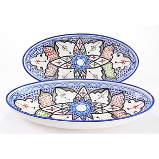 Handmade Set of 2 Le Souk Ceramique Large Tibarine Stoneware Oval Platters (Tunisia)