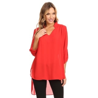 High Secret Women's Roll-up Sleeves Solid Color High-low Notch-neck Tunic/Blouse
