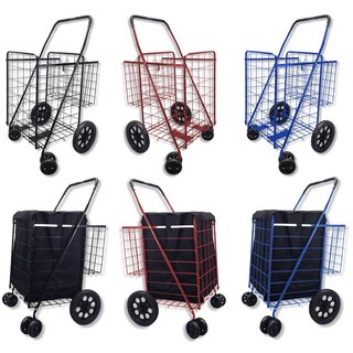Black Jumbo Double Basket 360-degree Rotation Swivel-wheel Folding Shopping Cart With Free Liner and Cargo Net