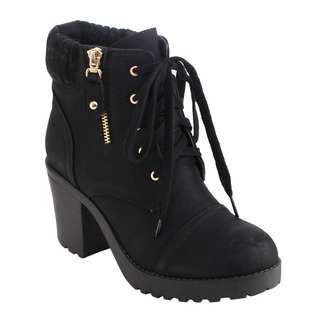 DBDK AD32 Women's Lace-up Side Zipper Lug Sole Chunky Heel Ankle Booties