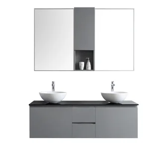 Ferrara 60-inch Glass Countertop Grey Double Vanity with White Vessel Sink and Mirror