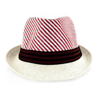 Faddism Straw-weave Fedora Hat with Black/Red Trim