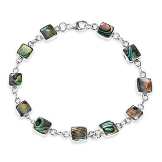 Square Link Natural Stone Double Sided .925 Silver Bracelet (Thailand)