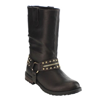 Olivia Miller Women's Black Faux-leather Pull-On Rhinestone Mid-Calf Harness Boot