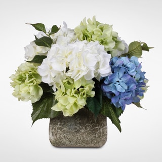 Blue Green and White Silk Hydrangea French Bouquet in a Stone Pot