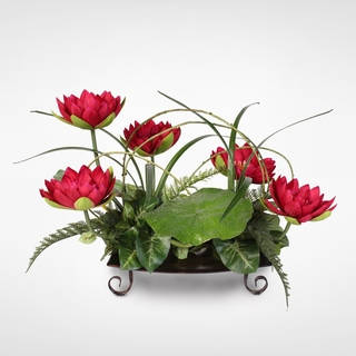 Silk Burgundy Water Lily with Water Drops on Leaves Arrangement on a Metal Tray