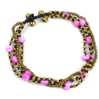 Many Moons Brass and Shell Bead Anklet in Pink - Global Groove (Thailand)