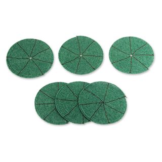 Set of 6 Beaded 'Shimmering Emerald' Coasters (Indonesia)