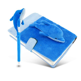 Puzzled Blue Polyester Plush Dolphin Notebook And Pen
