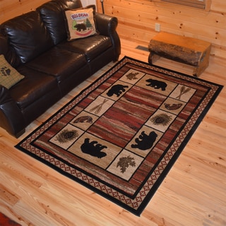 Rustic Lodge Bear Border Cabin Red Black Area Rug (5'3 x 7'3)