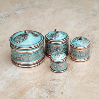 Set of 4 Handcrafted Copper 'Andean Trail' Stackable Decorative Boxes (Peru)