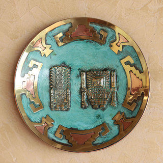 Handcrafted Copper Bronze 'Wiracocha and Raimondi Stela' Decorative Plate (Peru)