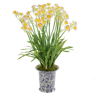 Jane Seymour Botanicals Yellow and White Petite Jonquils In 26-inch Tall Blue and White Ceramic Vase