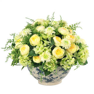 Jane Seymour Botanicals Cream/Yellow/Green Mixed Bouquet Centerpiece In Blue and White Bowl with 16-inch Diameter
