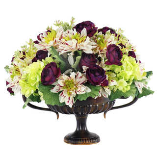 Jane Seymour Botanicals Dahlia And Ranunculus Mixed Bouquet in Brown 16-inch Wide Urn with Handles