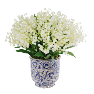 Jane Seymour Botanicals Lily Of The Valley Bouquet in 14-inch Blue White Ceramic Vase