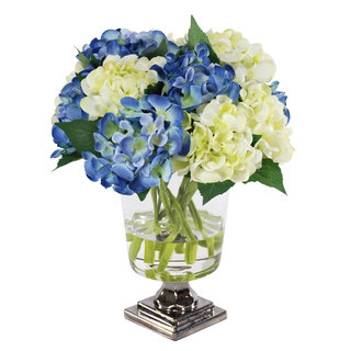 Jane Seymour Botanicals Blue and White Petite Hydrangea Bouquet in 14-inch Clear Glass Footed Vase